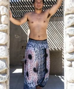 HaremPants.com Plus Size Paisley Mandalas Drop Crotch Men's Harem Pants In Silver Gray