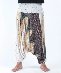 HaremPants.com Peacock Feathers Drop Crotch Men's Harem Pants In White