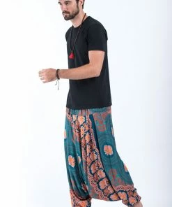 HaremPants.com Mandala Elephant Drop Crotch Men's Elephant Pants In Turquoise