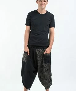 HaremPants.com Two Tone Swirls Prints Men's Three Quarter Pants In Black Gray