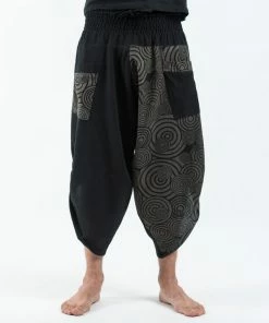 HaremPants.com Two Tone Swirls Prints Men's Three Quarter Pants In Black Gray