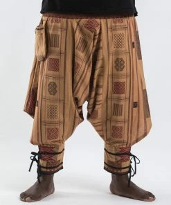 HaremPants.com Plus Size Thai Hill Tribe Fabric Men Harem Pants With Ankle Straps In Beige Men's