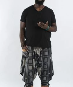 HaremPants.com Plus Size Thai Hill Tribe Fabric Men Harem Pants With Ankle Straps In Black