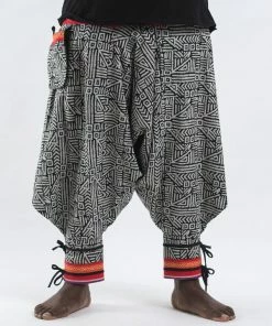 HaremPants.com Plus Size Woven Prints Thai Hill Tribe Fabric Men Harem Pants With Ankle Straps In Black
