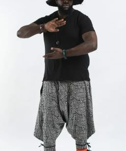 HaremPants.com Plus Size Woven Prints Thai Hill Tribe Fabric Men Harem Pants With Ankle Straps In Black