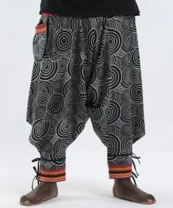 HaremPants.com Plus Size Swirls Prints Thai Hill Tribe Fabric Men Harem Pants With Ankle Straps In Black Men's