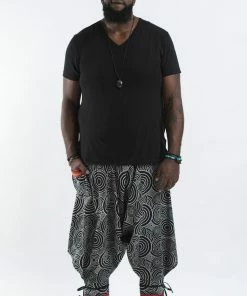 HaremPants.com Plus Size Swirls Prints Thai Hill Tribe Fabric Men Harem Pants With Ankle Straps In Black Men's