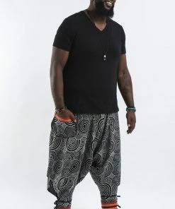 HaremPants.com Plus Size Swirls Prints Thai Hill Tribe Fabric Men Harem Pants With Ankle Straps In Black Men's