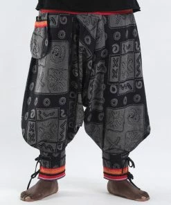 HaremPants.com Plus Size Black And Gray Thai Hill Tribe Fabric Men Harem Pants With Ankle Straps