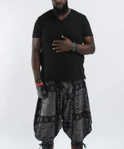 HaremPants.com Plus Size Black And Gray Thai Hill Tribe Fabric Men Harem Pants With Ankle Straps
