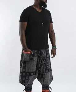 HaremPants.com Plus Size Black And Gray Thai Hill Tribe Fabric Men Harem Pants With Ankle Straps