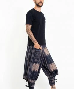 HaremPants.com Thai Hill Tribe Fabric Men's Harem Pants With Ankle Straps In Artisan Blue