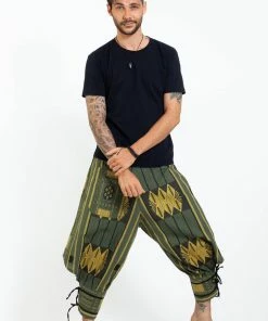 HaremPants.com Thai Hill Tribe Fabric Men's Harem Pants With Ankle Straps In Olive Green