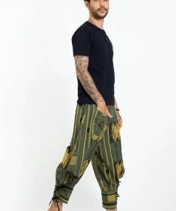 HaremPants.com Thai Hill Tribe Fabric Men's Harem Pants With Ankle Straps In Olive Green
