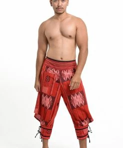 HaremPants.com Thai Hill Tribe Fabric Men's Harem Pants With Ankle Straps In Red