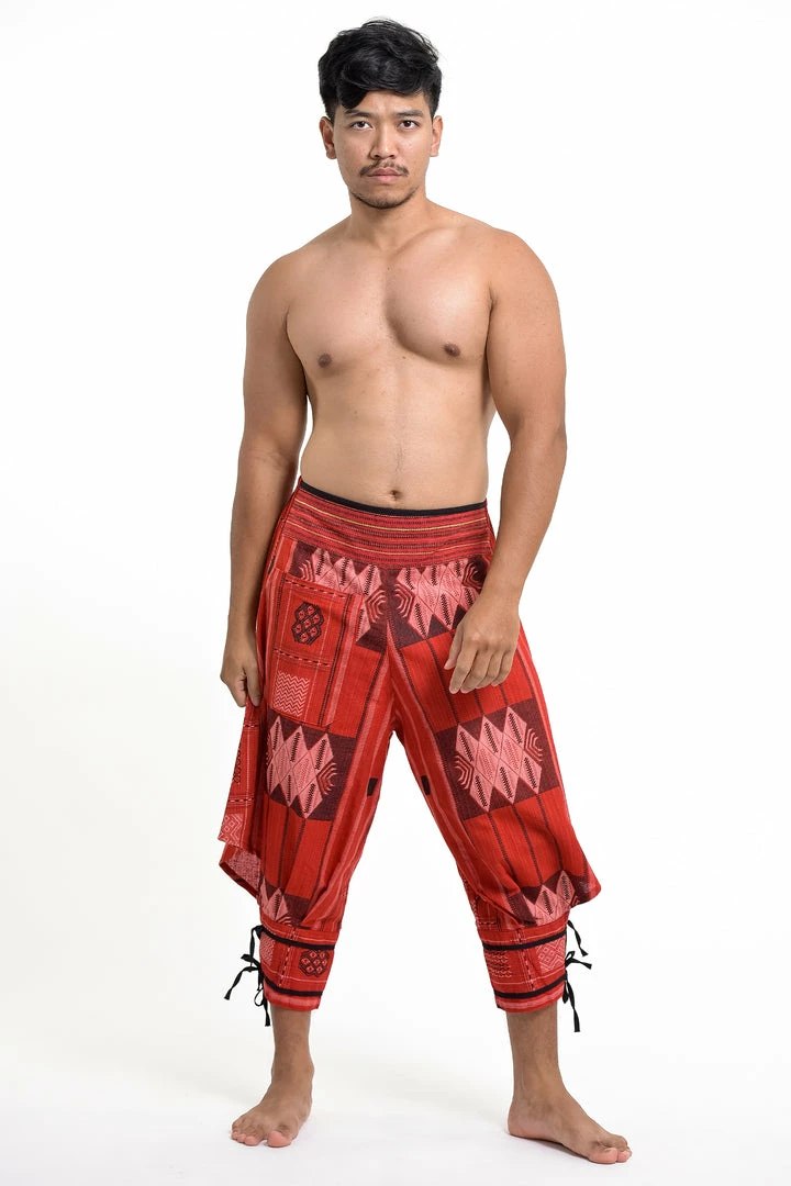HaremPants.com Thai Hill Tribe Fabric Men's Harem Pants With Ankle Straps In Red 3 HaremPants.com Thai Hill Tribe Fabric Men's Harem Pants With Ankle Straps In Red