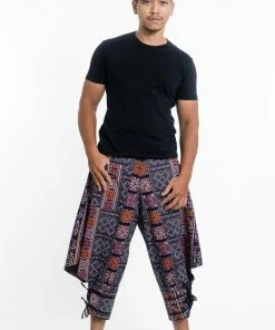 HaremPants.com Women's Clovers Thai Hill Tribe Fabric Unisex's Harem Pants With Ankle Straps In Blue
