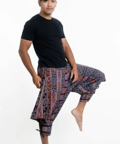 HaremPants.com Women's Clovers Thai Hill Tribe Fabric Unisex's Harem Pants With Ankle Straps In Blue