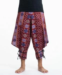 HaremPants.com Clovers Thai Hill Tribe Fabric Men's Harem Pants With Ankle Straps In Burgundy