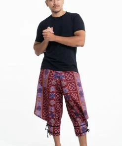 HaremPants.com Clovers Thai Hill Tribe Fabric Men's Harem Pants With Ankle Straps In Burgundy