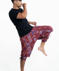 HaremPants.com Clovers Thai Hill Tribe Fabric Men's Harem Pants With Ankle Straps In Burgundy