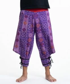 HaremPants.com Clovers Thai Hill Tribe Fabric Men's Harem Pants With Ankle Straps In Purple