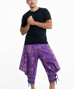 HaremPants.com Clovers Thai Hill Tribe Fabric Men's Harem Pants With Ankle Straps In Purple