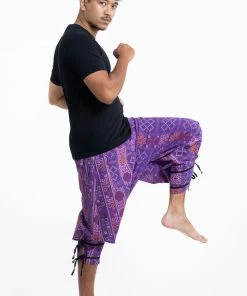 HaremPants.com Clovers Thai Hill Tribe Fabric Men's Harem Pants With Ankle Straps In Purple
