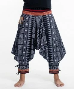 HaremPants.com Traditional Prints Thai Hill Tribe Fabric Men's Harem Pants With Ankle Straps In Navy