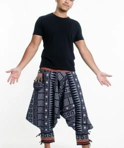 HaremPants.com Traditional Prints Thai Hill Tribe Fabric Men's Harem Pants With Ankle Straps In Navy