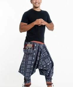 HaremPants.com Traditional Prints Thai Hill Tribe Fabric Men's Harem Pants With Ankle Straps In Navy