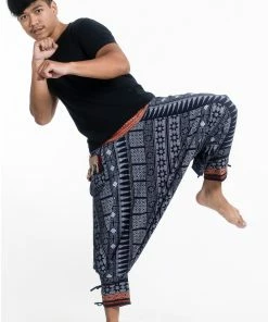HaremPants.com Traditional Prints Thai Hill Tribe Fabric Men's Harem Pants With Ankle Straps In Navy