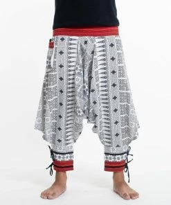 HaremPants.com Traditional Prints Thai Hill Tribe Fabric Men's Harem Pants With Ankle Straps In White