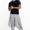 HaremPants.com Traditional Prints Thai Hill Tribe Fabric Men's Harem Pants With Ankle Straps In White