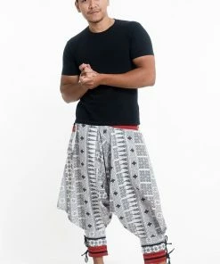 HaremPants.com Traditional Prints Thai Hill Tribe Fabric Men's Harem Pants With Ankle Straps In White