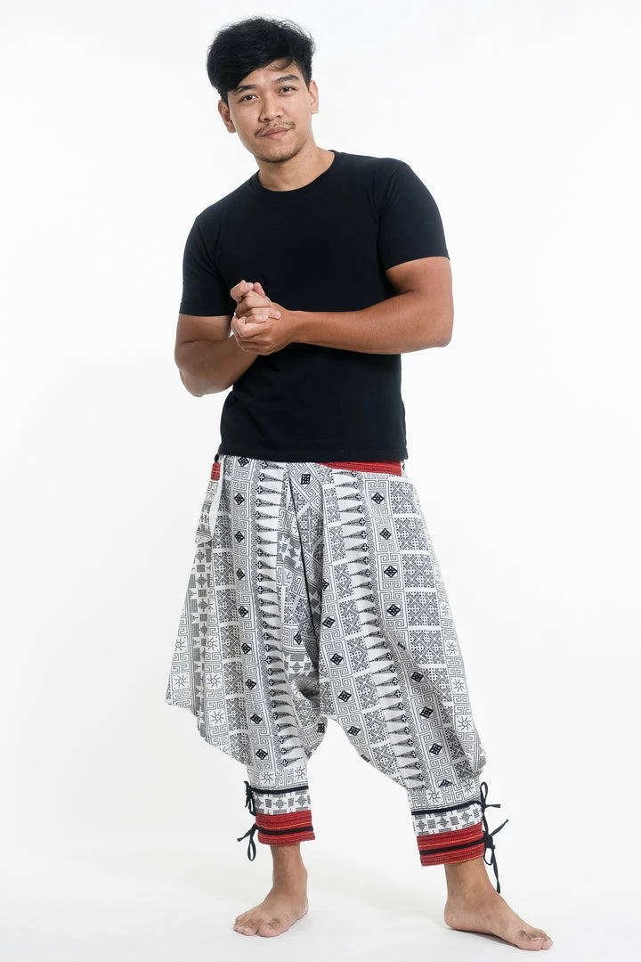 HaremPants.com Traditional Prints Thai Hill Tribe Fabric Men's Harem Pants With Ankle Straps In White 3 HaremPants.com Traditional Prints Thai Hill Tribe Fabric Men's Harem Pants With Ankle Straps In White