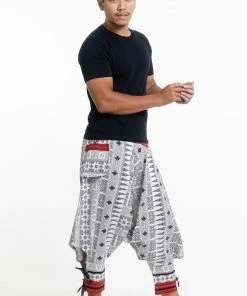 HaremPants.com Traditional Prints Thai Hill Tribe Fabric Men's Harem Pants With Ankle Straps In White 7 HaremPants.com Traditional Prints Thai Hill Tribe Fabric Men's Harem Pants With Ankle Straps In White