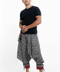 HaremPants.com Woven Prints Thai Hill Tribe Fabric Men's Harem Pants With Ankle Straps In Black