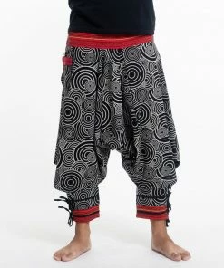 HaremPants.com Swirls Prints Thai Hill Tribe Fabric Men's Harem Pants With Ankle Straps In Black