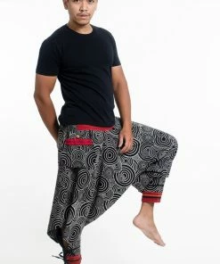 HaremPants.com Swirls Prints Thai Hill Tribe Fabric Men's Harem Pants With Ankle Straps In Black