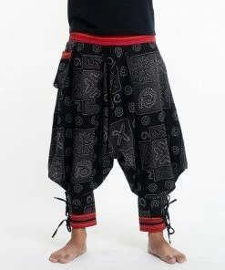 HaremPants.com Black And Gray Thai Hill Tribe Fabric Men's Harem Pants With Ankle Straps