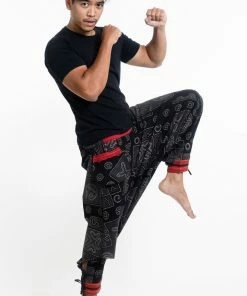 HaremPants.com Black And Gray Thai Hill Tribe Fabric Men's Harem Pants With Ankle Straps