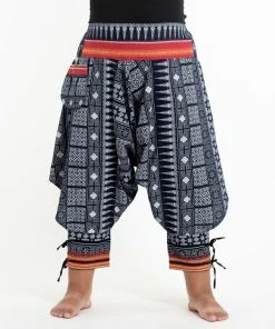 HaremPants.com Plus Size Traditional Prints Thai Hill Tribe Fabric Men's Harem Pants With Ankle Straps In Navy
