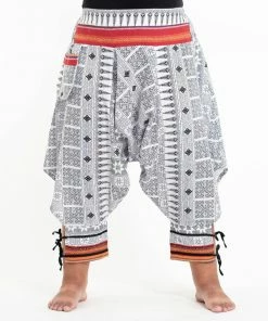 HaremPants.com Plus Size Traditional Prints Thai Hill Tribe Fabric Men's Harem Pants With Ankle Straps In White