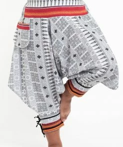 HaremPants.com Plus Size Traditional Prints Thai Hill Tribe Fabric Men's Harem Pants With Ankle Straps In White