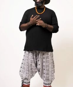 HaremPants.com Plus Size Traditional Prints Thai Hill Tribe Fabric Men's Harem Pants With Ankle Straps In White