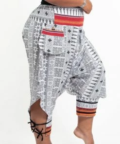 HaremPants.com Plus Size Traditional Prints Thai Hill Tribe Fabric Men's Harem Pants With Ankle Straps In White