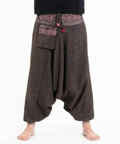 HaremPants.com Pinstripe Cotton Low Cut Men's Harem Pants With Hill Tribe Trim Brown 11 HaremPants.com Pinstripe Cotton Low Cut Men's Harem Pants With Hill Tribe Trim Brown