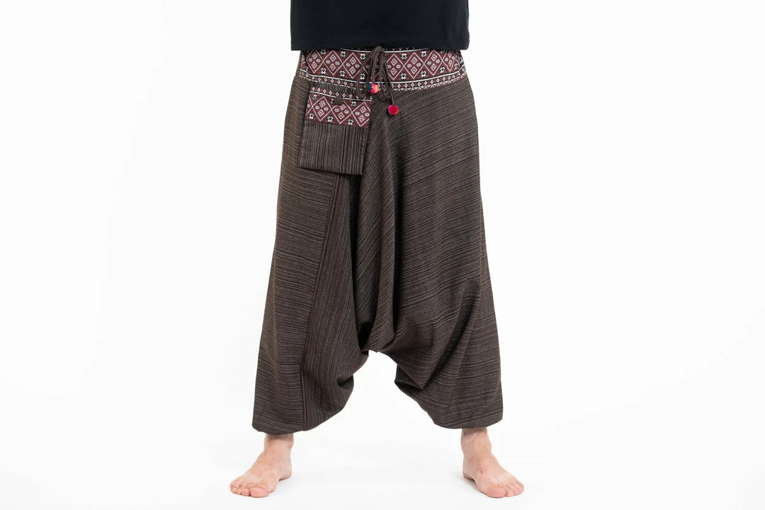 HaremPants.com Pinstripe Cotton Low Cut Men's Harem Pants With Hill Tribe Trim Brown 6 HaremPants.com Pinstripe Cotton Low Cut Men's Harem Pants With Hill Tribe Trim Brown