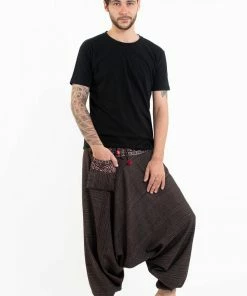 HaremPants.com Pinstripe Cotton Low Cut Men's Harem Pants With Hill Tribe Trim Brown 12 HaremPants.com Pinstripe Cotton Low Cut Men's Harem Pants With Hill Tribe Trim Brown